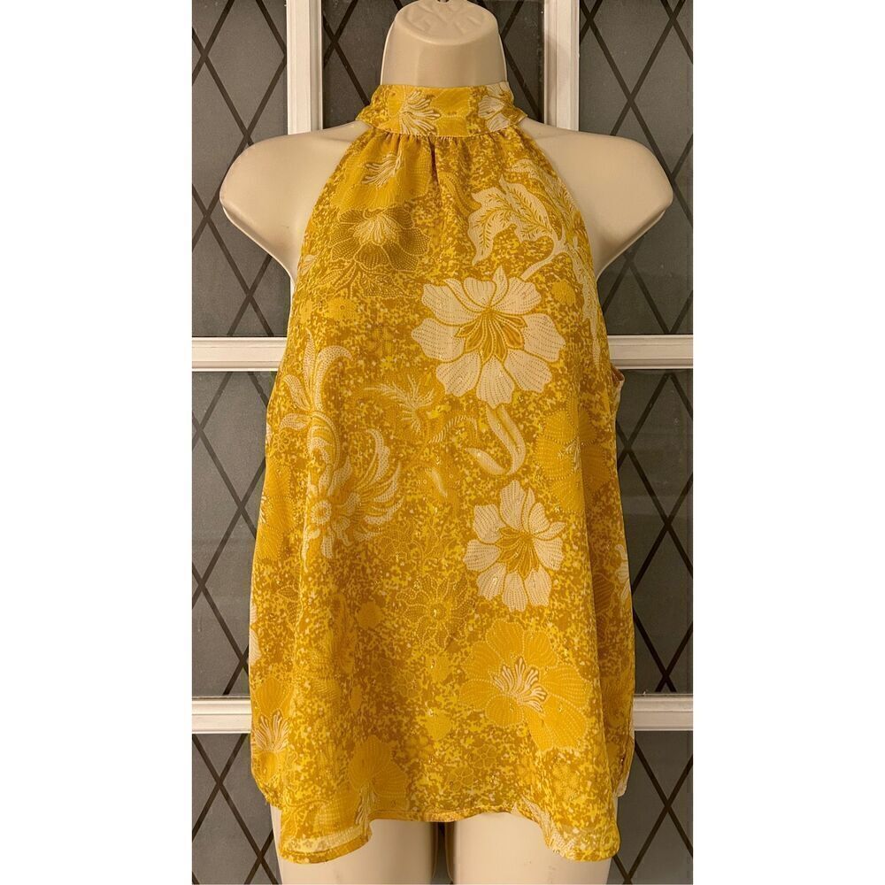 Cupcakes & Cashmere Size Small Halter Top Yellow Gold Flecks Floral - Picture 3 of 10